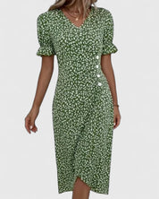 Florianne Duvernois | Green Ditsy Floral Midi Dress with Button Detail