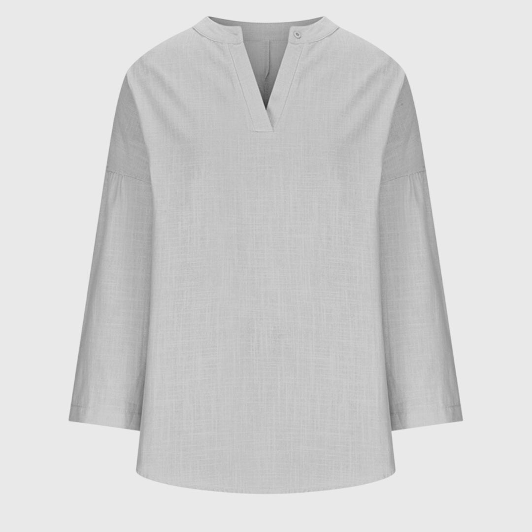 Auriane Bellsworth | Flowy Light Blue Linen V-Neck Shirt