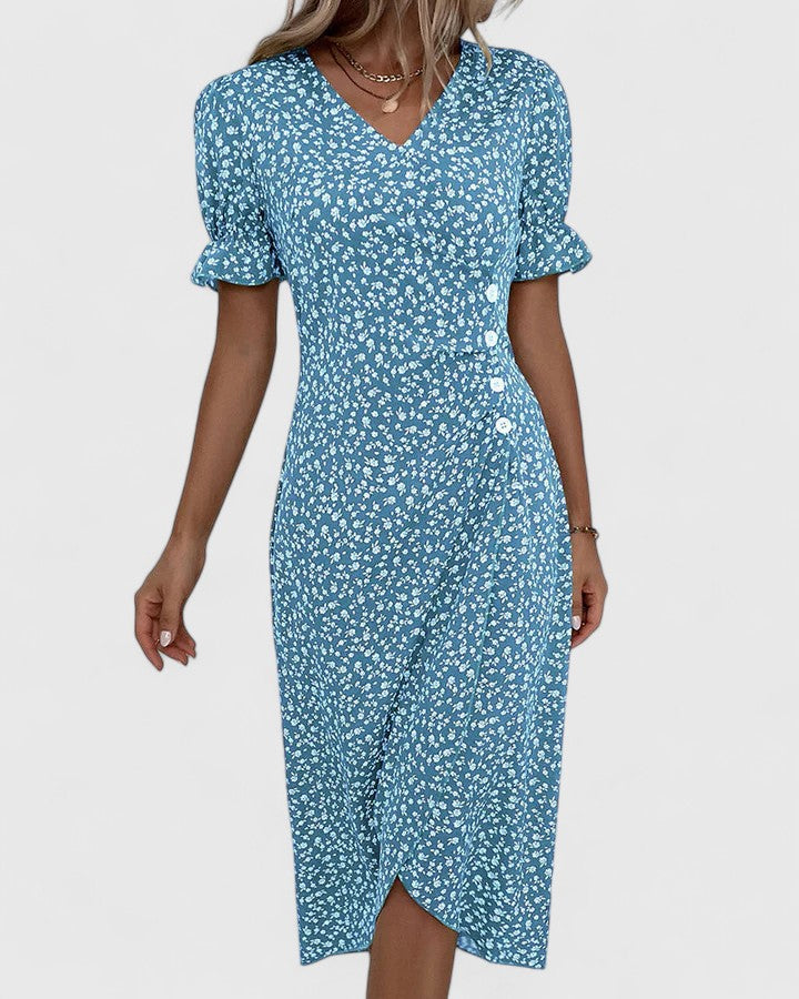 Florianne Duvernois | Green Ditsy Floral Midi Dress with Button Detail