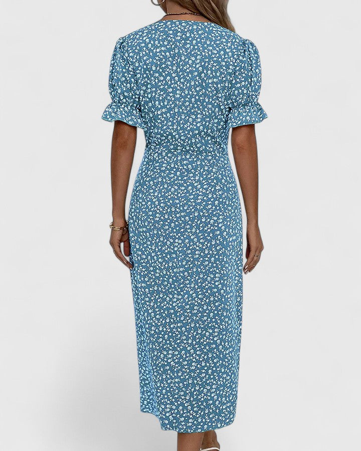 Florianne Duvernois | Green Ditsy Floral Midi Dress with Button Detail