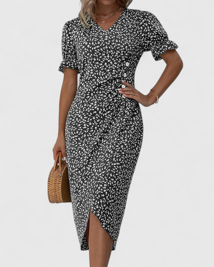 Florianne Duvernois | Green Ditsy Floral Midi Dress with Button Detail