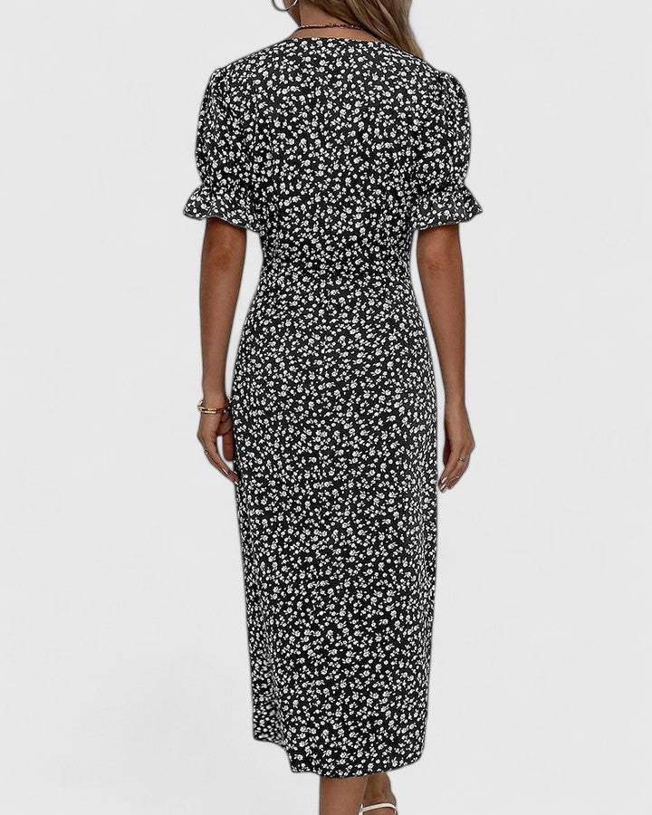Florianne Duvernois | Green Ditsy Floral Midi Dress with Button Detail