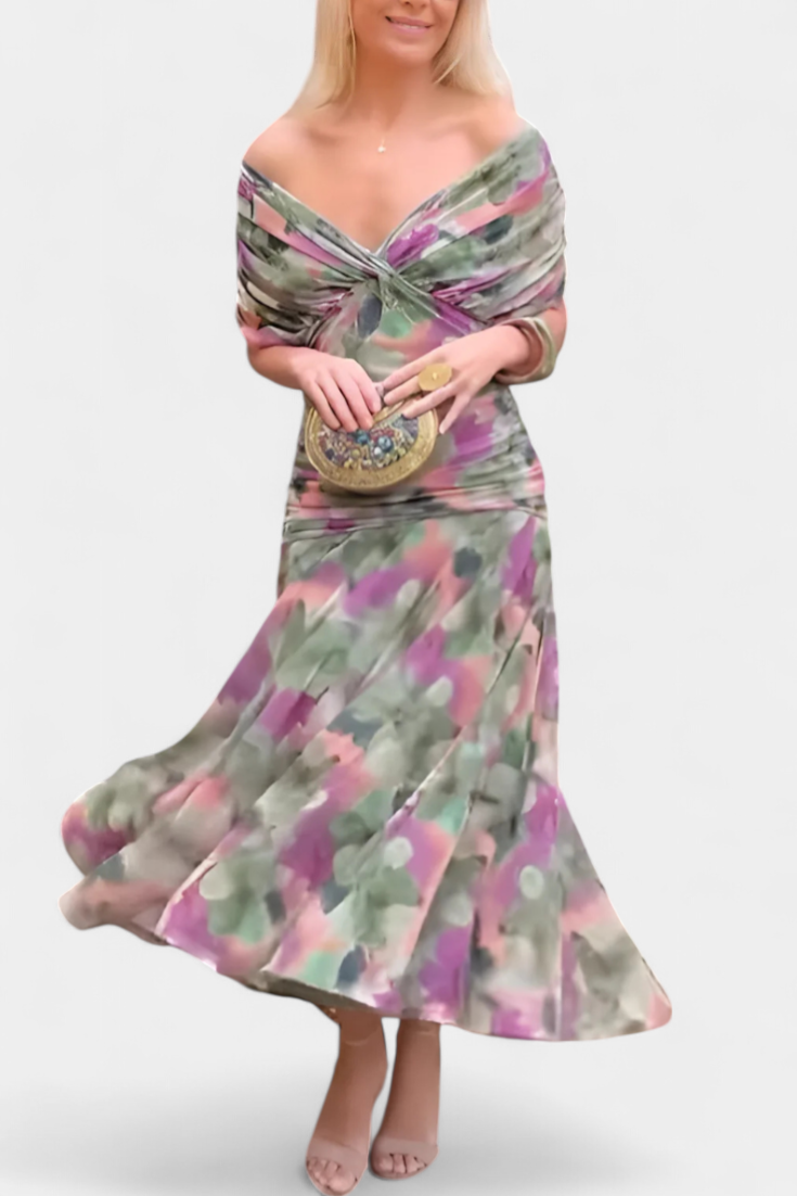 Seraphina Dunvale | Brown Off-Shoulder Ruched Maxi Dress