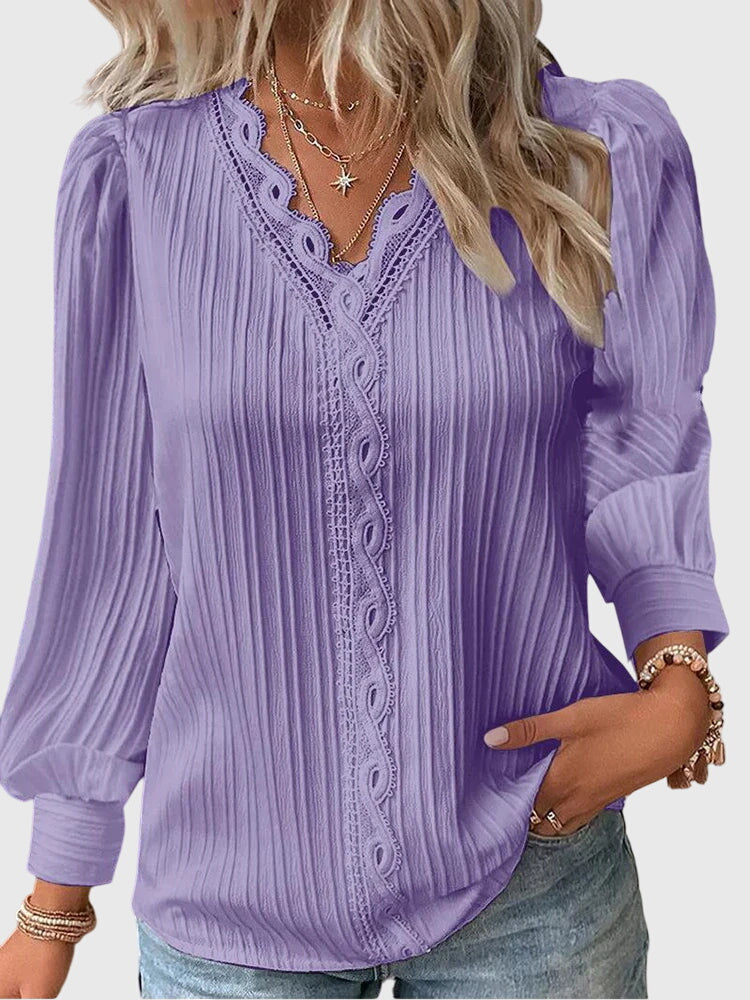 Céleste Fontaine | Yellow Lace Trim V-Neck Pullover Blouse