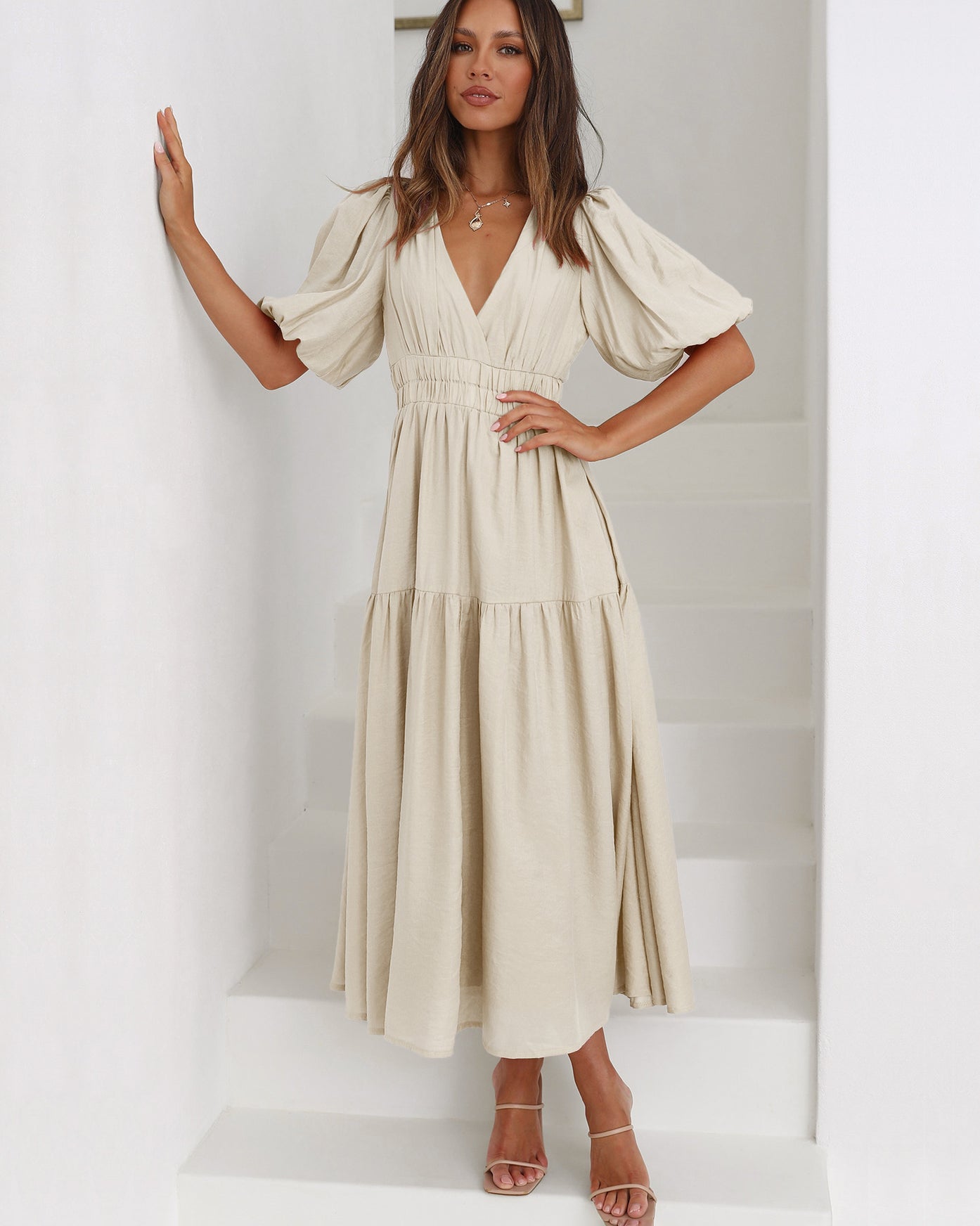 Antoinette Beauvray | Black V-Neck Puff Sleeve Midi Dress with Smocked Waist