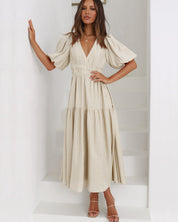Antoinette Beauvray | Black V-Neck Puff Sleeve Midi Dress with Smocked Waist