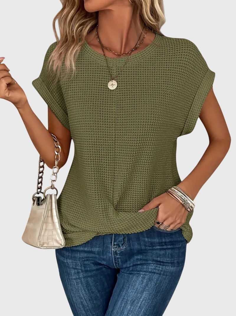 Thalia Wentmore | Rust Orange Waffle Knit Crew Neck Blouse