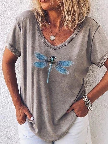 Harriet Ashbourne | Dragonfly Print V-Neck Washed Pink Tee
