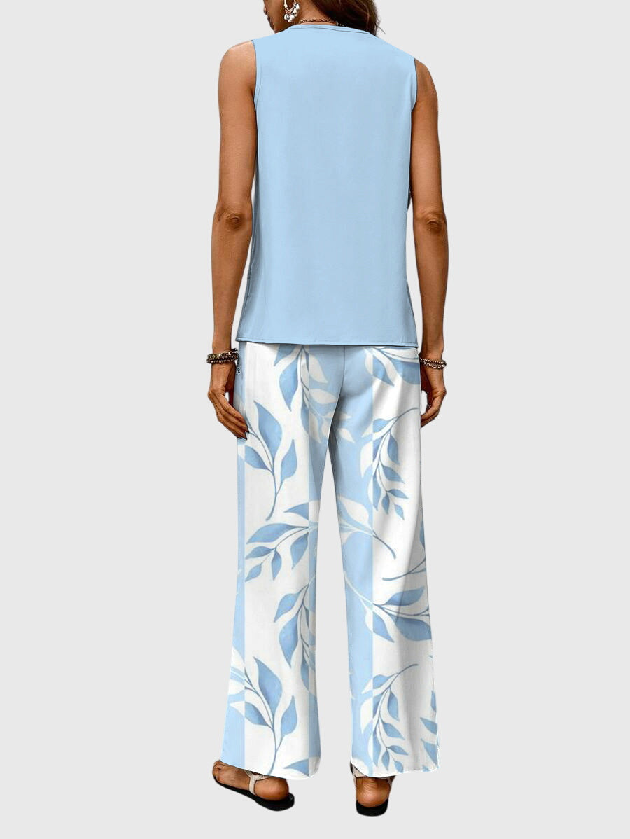 Portia Delacombe | Blue Leaf Print Sleeveless Two-Piece Set