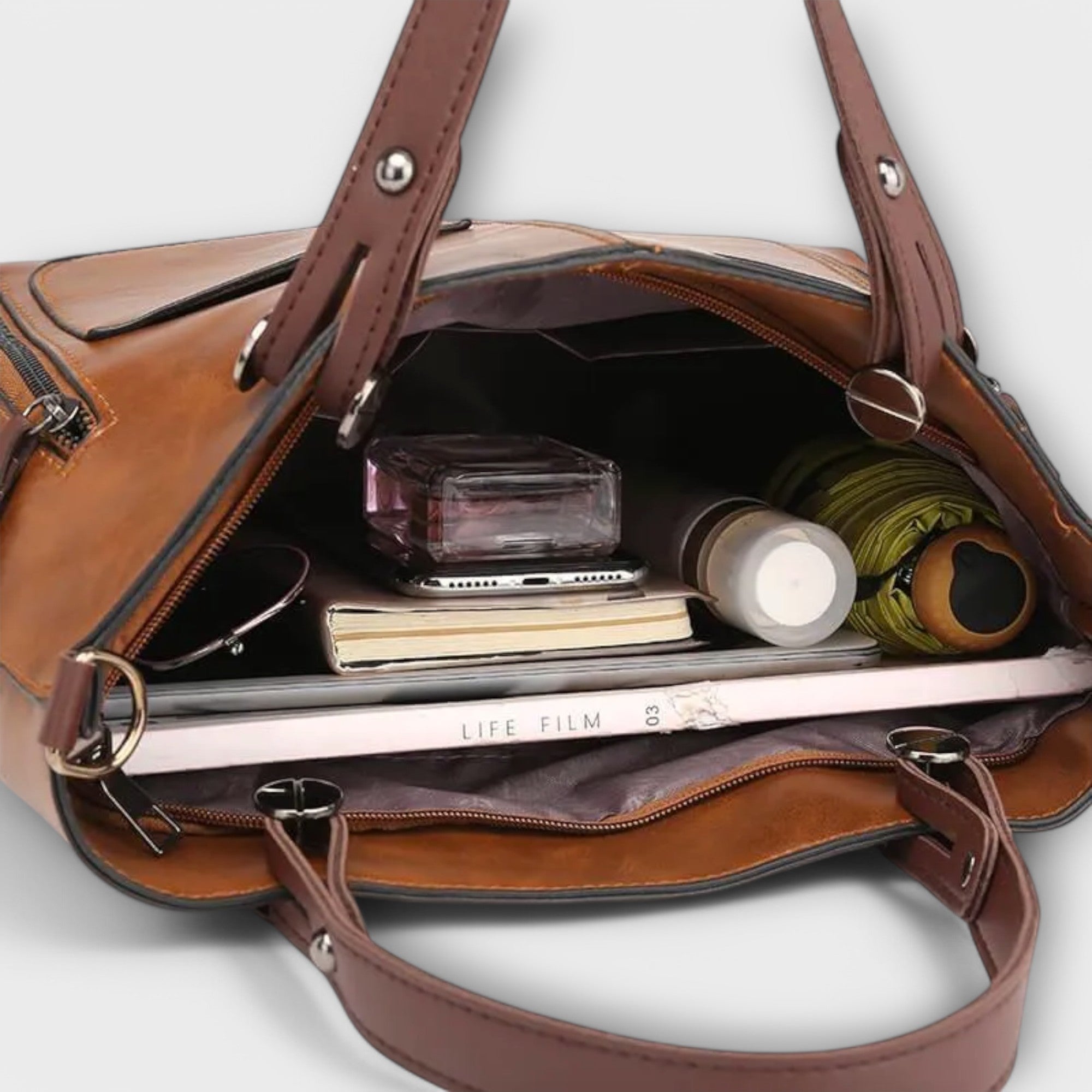 Genevieve Stourcourt | Brown Faux Leather Tote Bag with Front Pockets