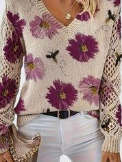 Rosalinde Fonteclair | Floral Knit V-Neck Sweater with Lace Sleeves