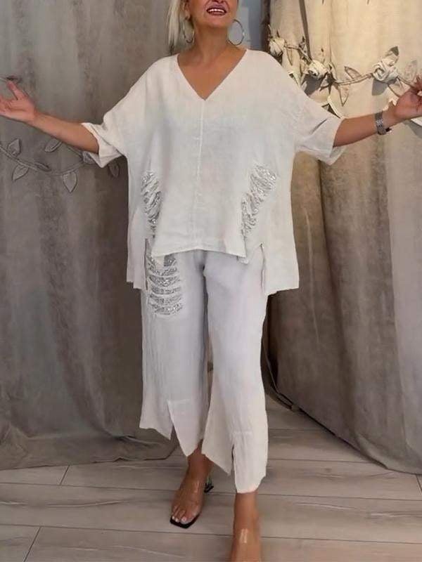 Rosalinde Vaucourt | White Linen Two-Piece Set with Sequin Fringe Detail