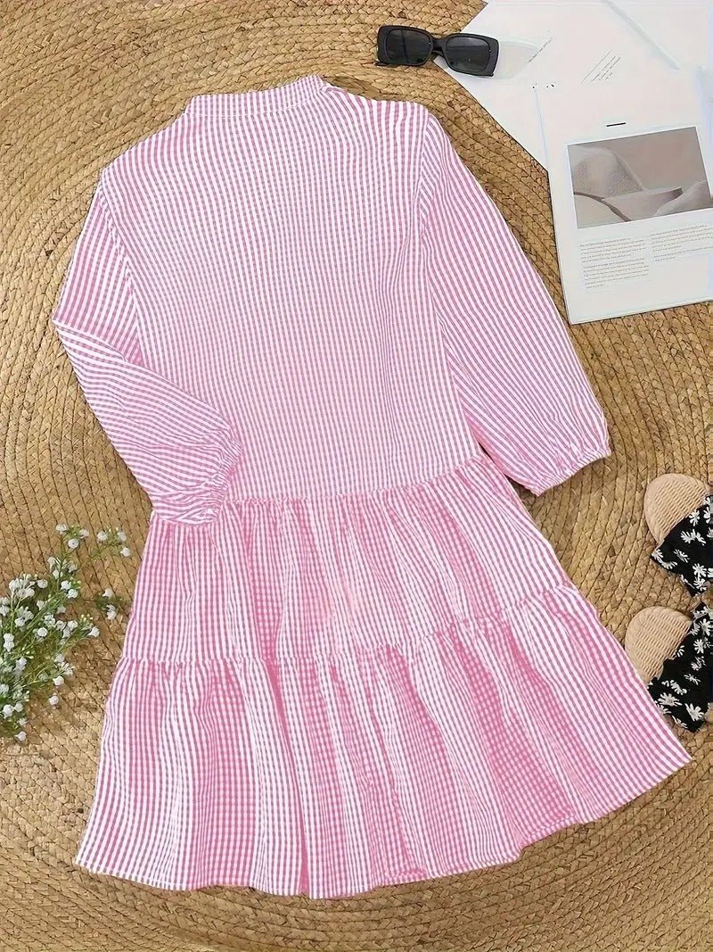 Clotilde Beauverne | Pink Gingham Button-Down Mini Dress with 3/4 Sleeves