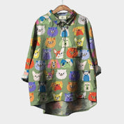 Catalina Beauvois | Purple Cartoon Dog Print Linen Blouse