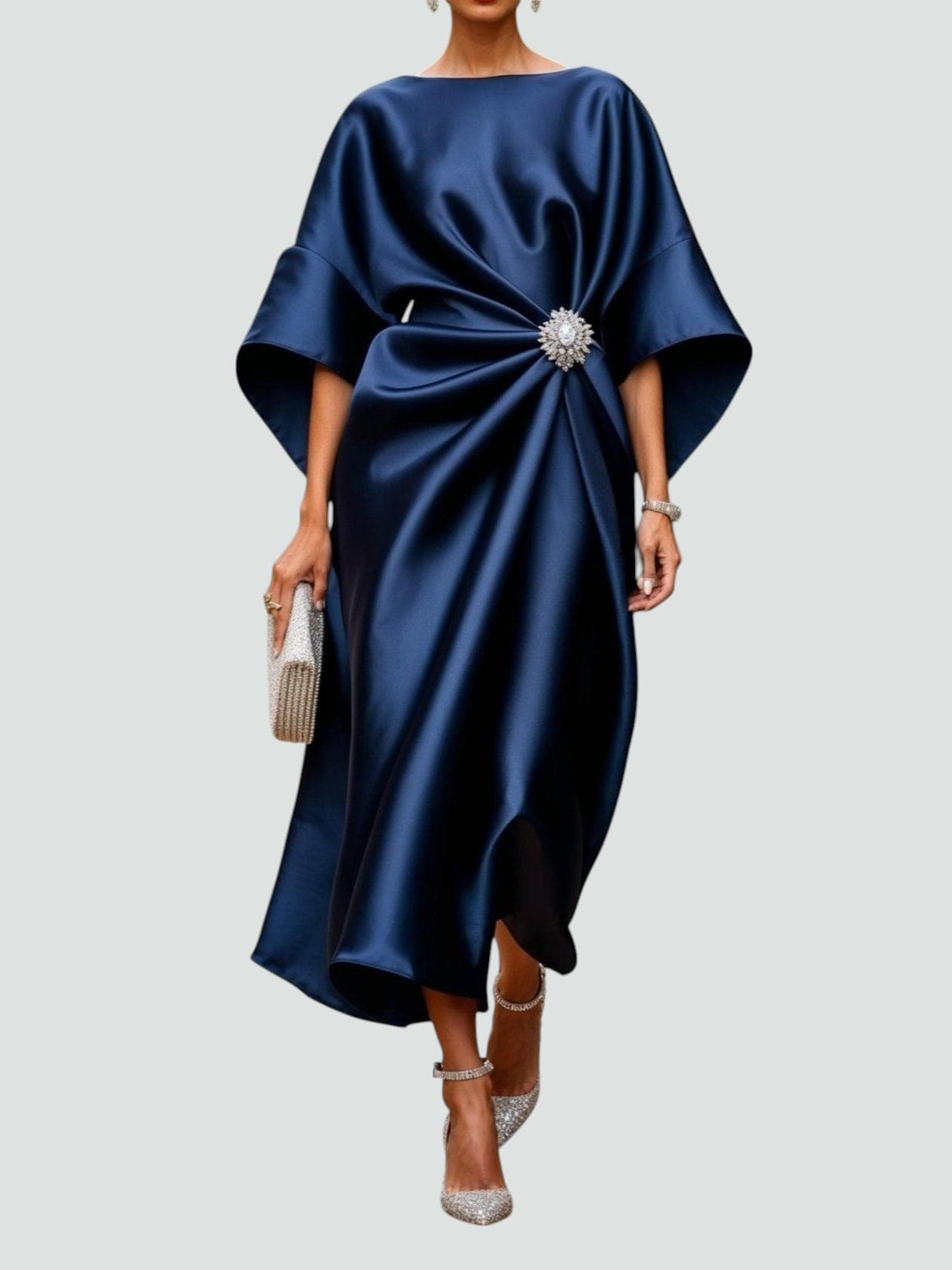 Elspeth Fairbourne | Navy Blue Satin Batwing Midi Dress
