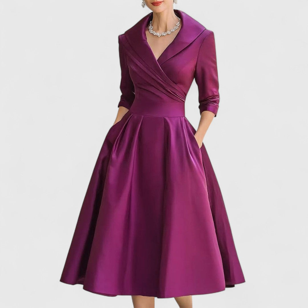 Genevra Elsinore | Navy Blue A-Line Midi Dress with 3/4 Sleeves