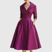 Genevra Elsinore | Navy Blue A-Line Midi Dress with 3/4 Sleeves
