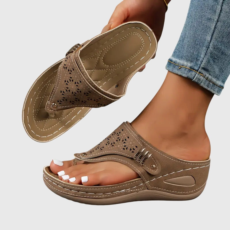 Emmeline Ashford | Orthopedic Wedge Flip Sandals in Taupe