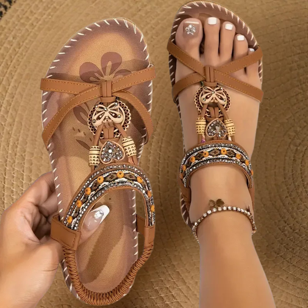 Elara Bontemps | Boho Beaded Orthopedic Flat Sandals in Teal