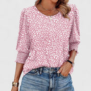 Francine Bellvaux | White Smocked Cuff 3/4 Sleeve Crew Neck Top