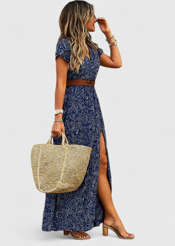 Isabelle Laurent | Navy Blue Boho Print Maxi Dress with Cap Sleeves