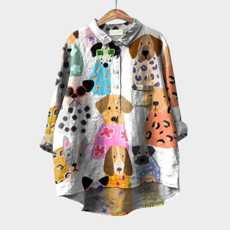 Catalina Beauvois | Purple Cartoon Dog Print Linen Blouse