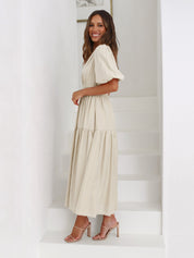 Antoinette Beauvray | Black V-Neck Puff Sleeve Midi Dress with Smocked Waist