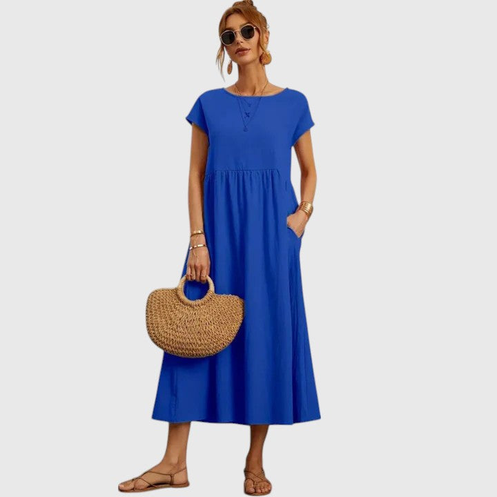 Rosalind Evermore | Navy Blue Cap Sleeve Midi Dress with Pockets