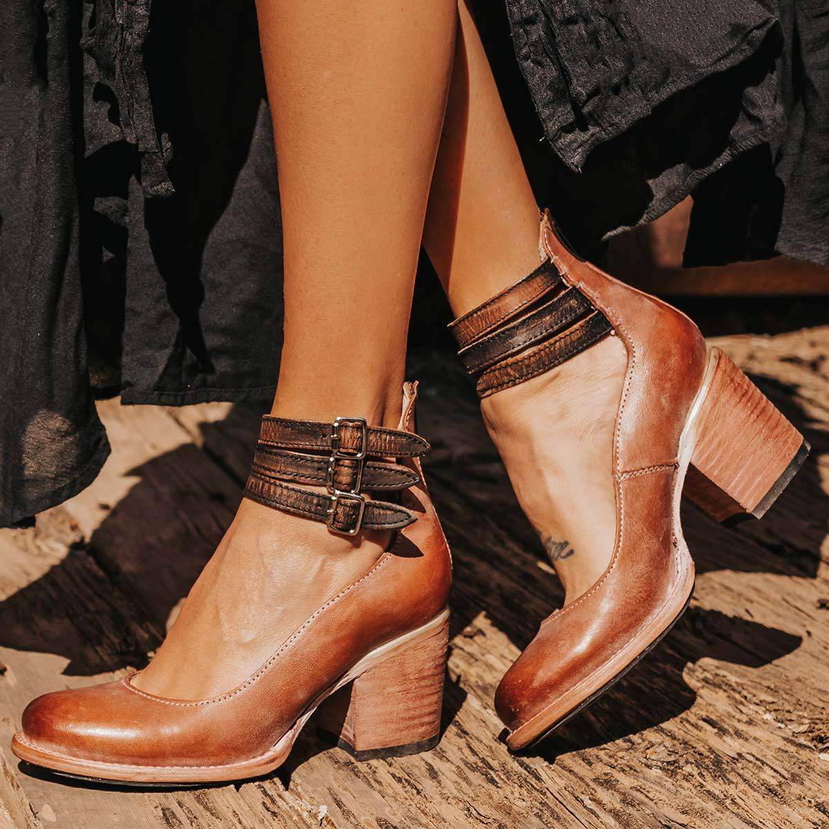 Corinna Ashvale | Tan Leather Block Heel Ankle Boot with Double Buckle Straps