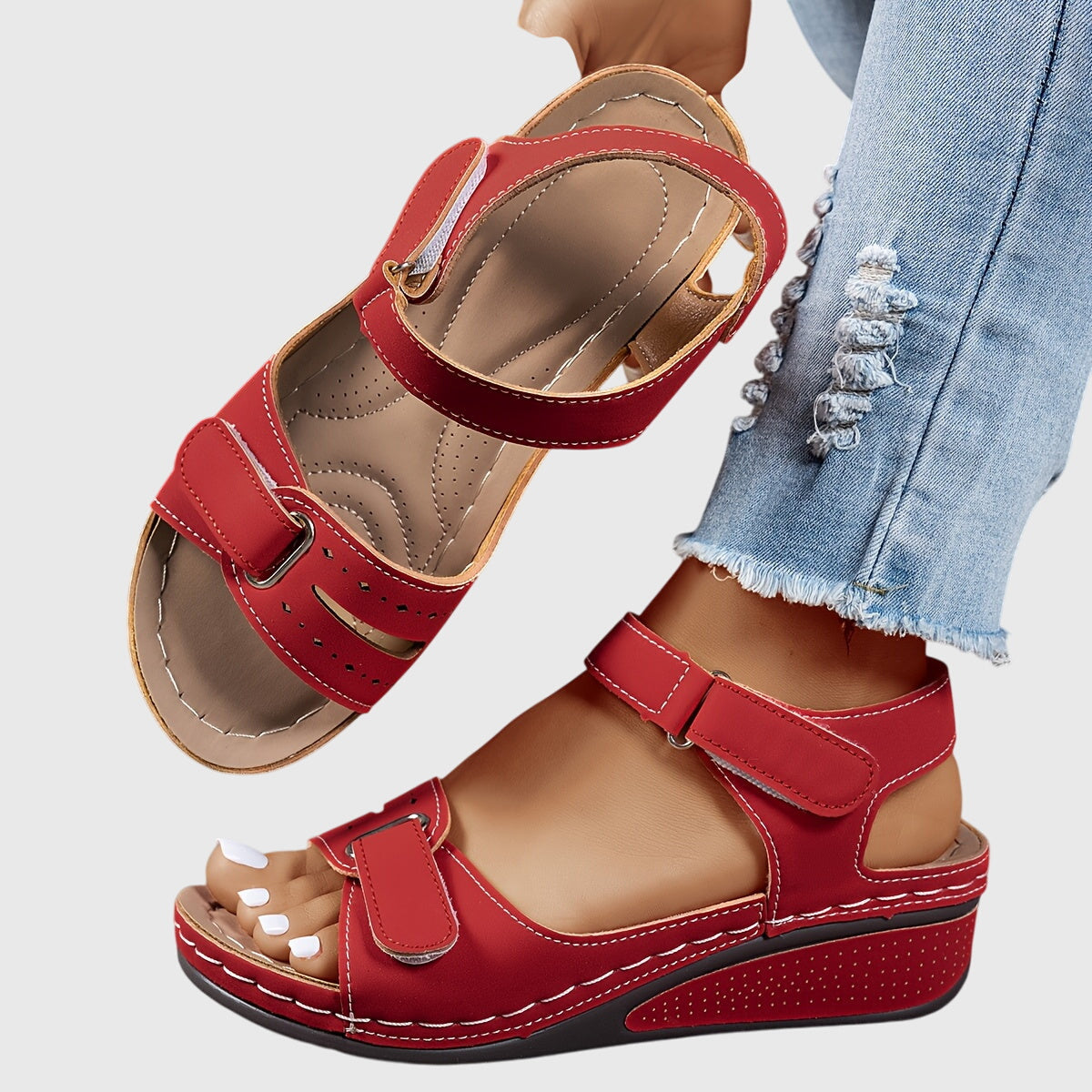 Renata Villefore | Red Orthopedic Wedge Sandals with Hook-and-Loop Strap