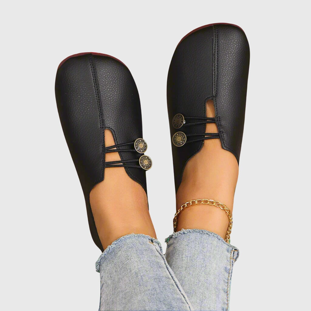 Aurelia Strandcourt | Vintage Brown Suede Slip-On Flats with Button Detail