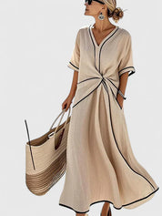Colette Vauclaire | Beige V-Neck Twist Waist Maxi Dress