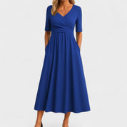 Aurelia Wyndcroft | Grey V-Neck Midi Dress with Pockets