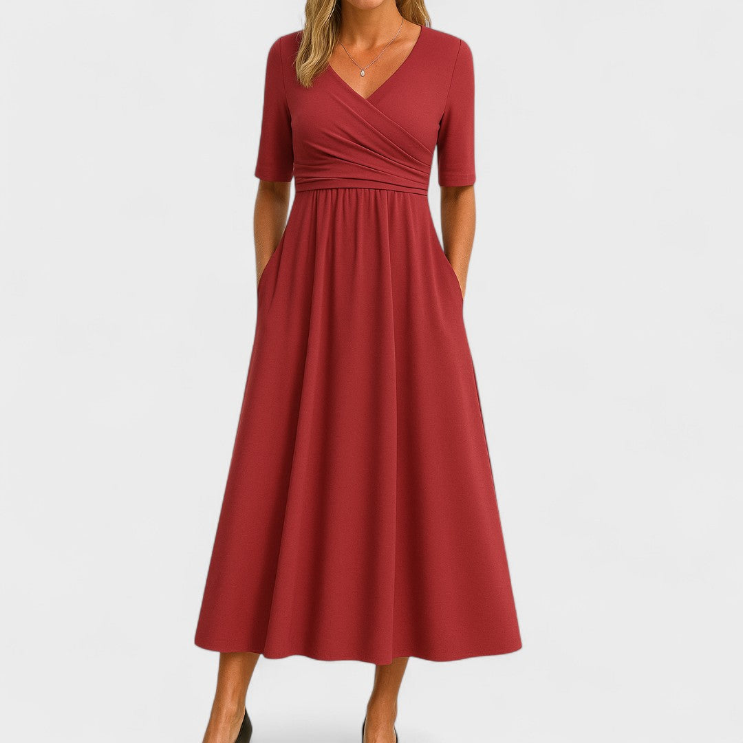 Aurelia Wyndcroft | Grey V-Neck Midi Dress with Pockets