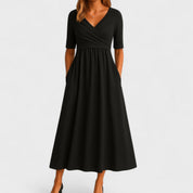 Aurelia Wyndcroft | Grey V-Neck Midi Dress with Pockets