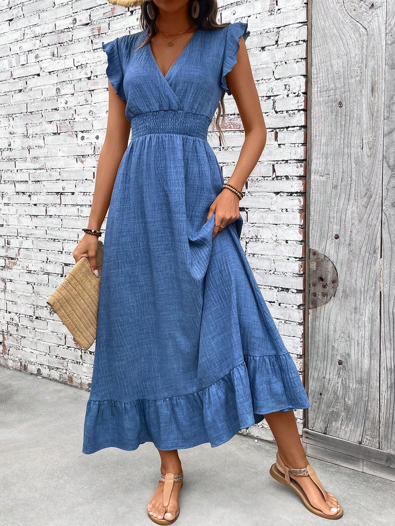 Eloise Vanbright | Blue V-Neck Smocked Waist Ruffle Hem Maxi Dress