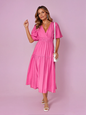 Antoinette Beauvray | Black V-Neck Puff Sleeve Midi Dress with Smocked Waist