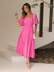 Antoinette Beauvray | Black V-Neck Puff Sleeve Midi Dress with Smocked Waist