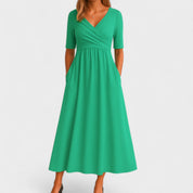 Aurelia Wyndcroft | Grey V-Neck Midi Dress with Pockets