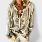 Théodeline Ashgrove | White Lace V-Neck Blouse with Flared Sleeves