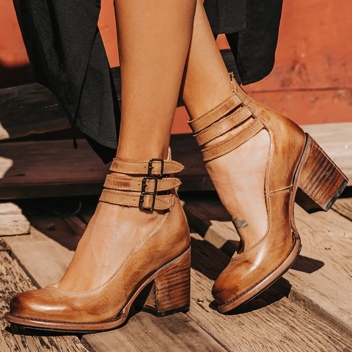 Corinna Ashvale | Tan Leather Block Heel Ankle Boot with Double Buckle Straps
