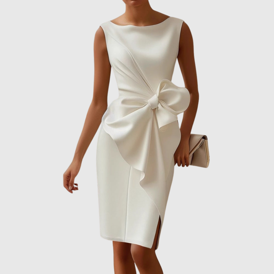 Céleste Wyndborne | Black Sleeveless Boat Neck Midi Dress with Bow