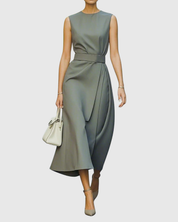 Aurelianne Fontcrest | Rust Brown Sleeveless Midi Dress with Waist Sash