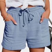 Améline Chartreuse | Cotton Gauze Drawstring Shorts in Khaki