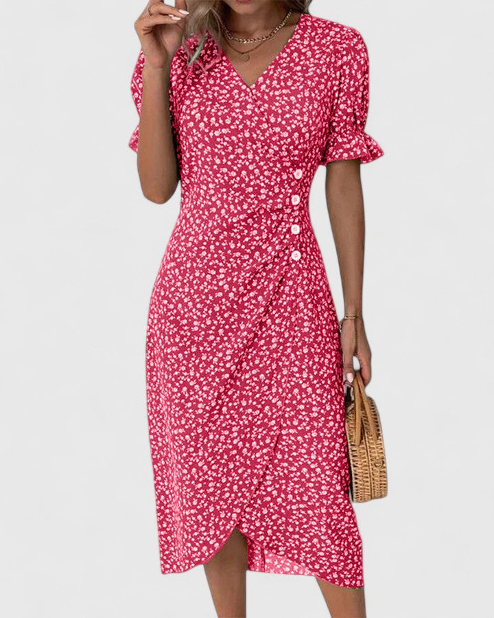Florianne Duvernois | Green Ditsy Floral Midi Dress with Button Detail