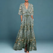 Giselle Vaumont | Floral Embroidered Maxi Dress in Sage Green