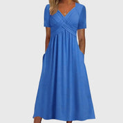 Maricel Ashbourne | Blue V-Neck Midi Dress with Tummy Control
