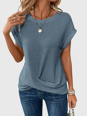 Thalia Wentmore | Rust Orange Waffle Knit Crew Neck Blouse