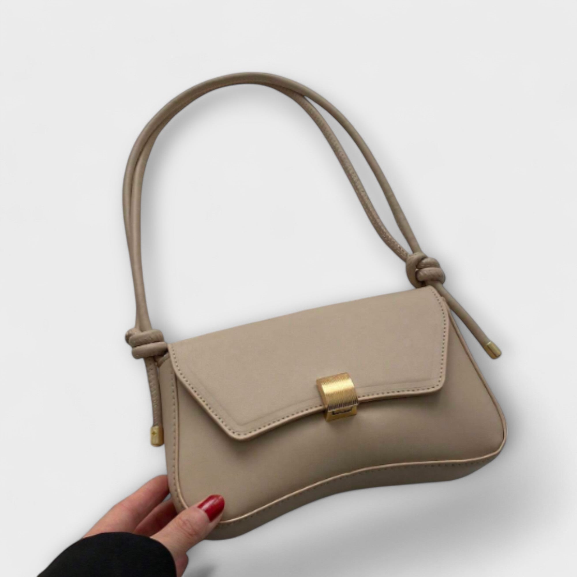Amélie Courbet | Beige Faux Leather Shoulder Bag with Gold Clasp