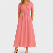 Aurelia Wyndcroft | Grey V-Neck Midi Dress with Pockets